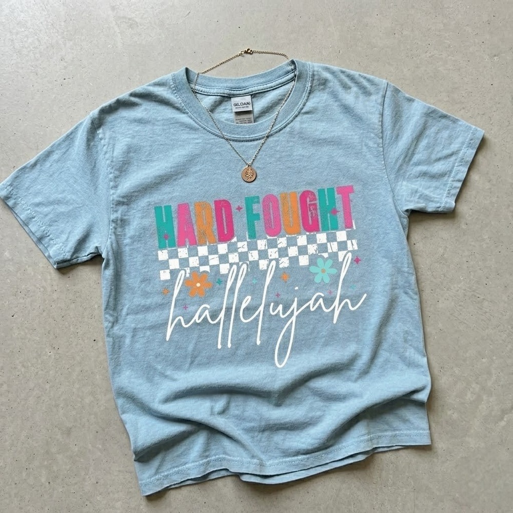 Gildan Hard Fought Hallelujah Christian Shirt Aesthetic Light Blue Tee